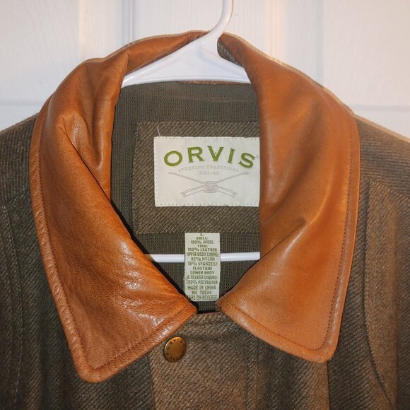Orvis Wool & Leather Hunting Shooting Field Jacket L Herringbone Lined Full Zip - Picture 3 of 15